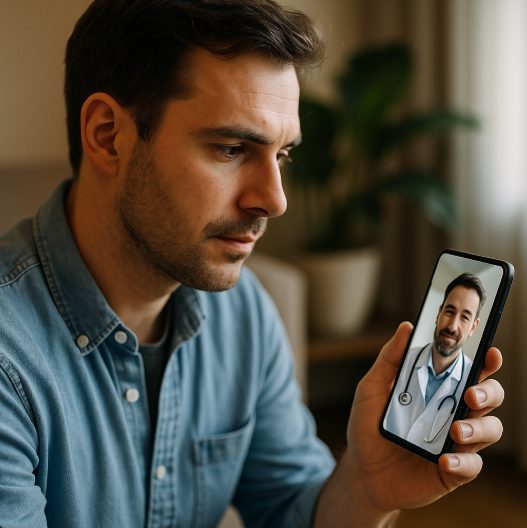 A man getting professional medical advice on his phone through a video call with a doctor.