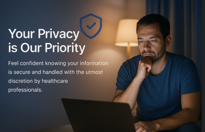 A man looking at a laptop in a private, dimly lit room, symbolizing confidentiality and security.